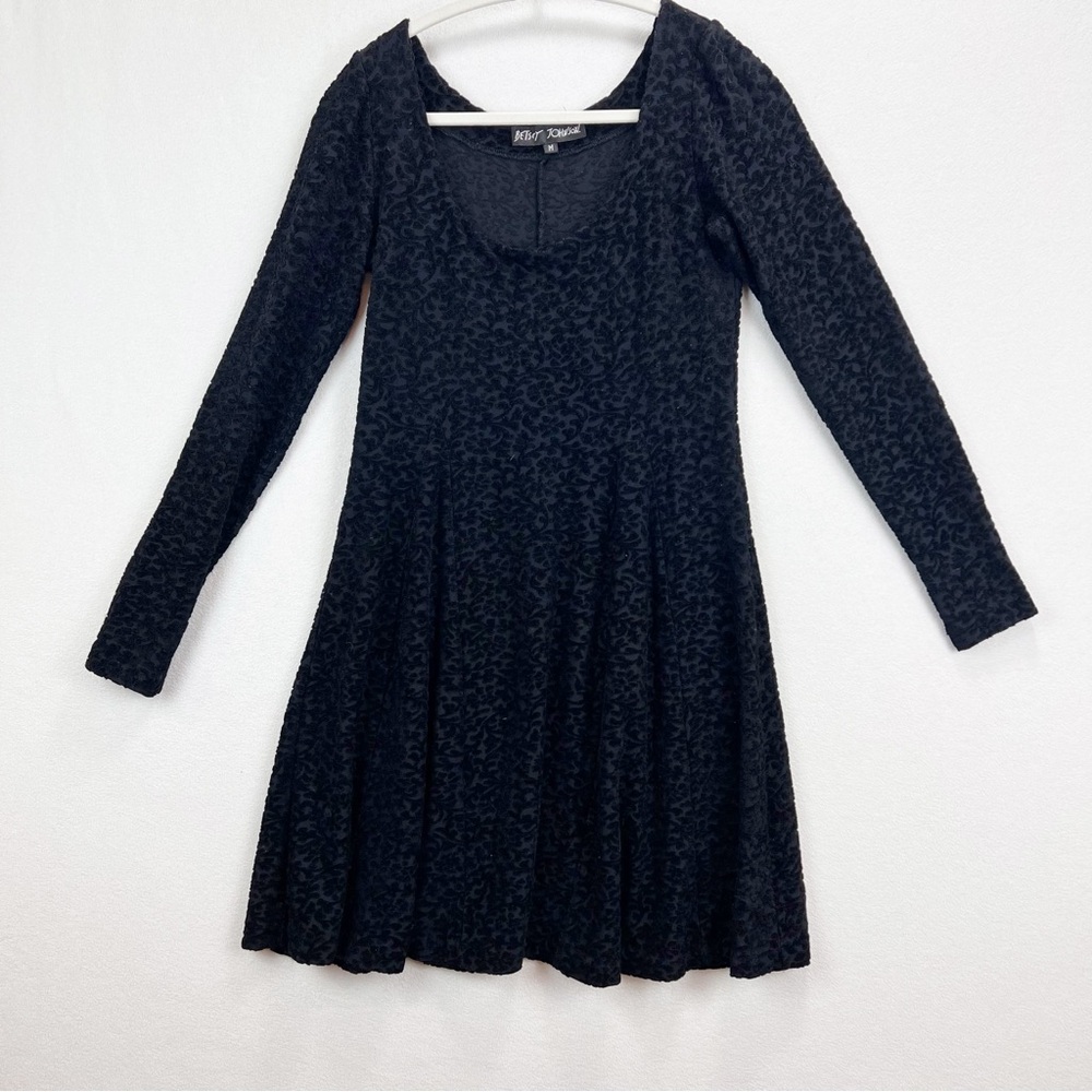 Vintage Betsey Johnson Size Medium Black Velvet Lurex Mini Skater Dress Goth 90s